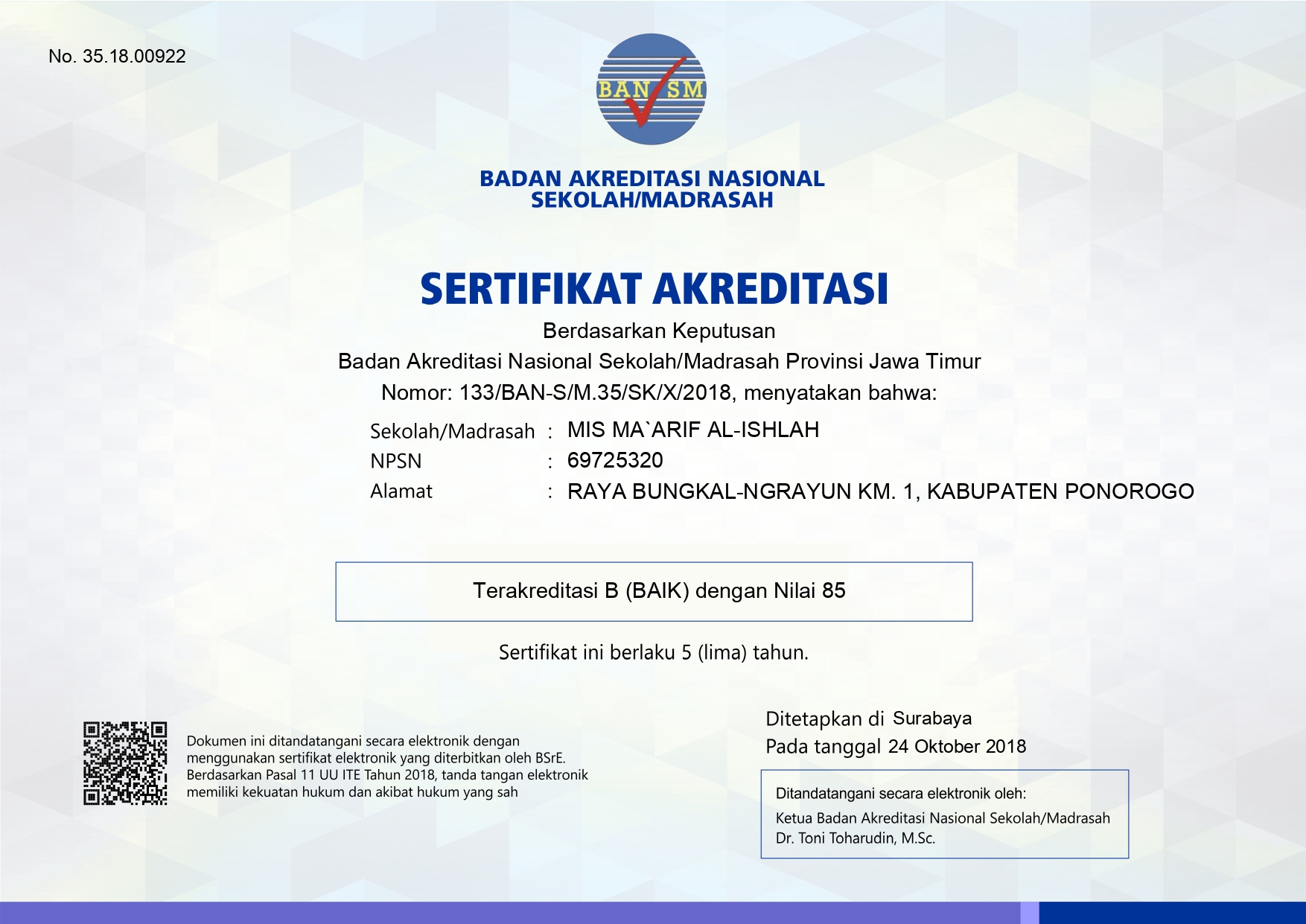 Sertifikat Akreditasi MI Ma'arif Al-Ishlah